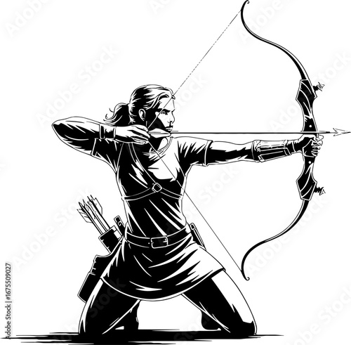 Dynamic Archer with Bow and Arrow in Action Pose for Illustrations