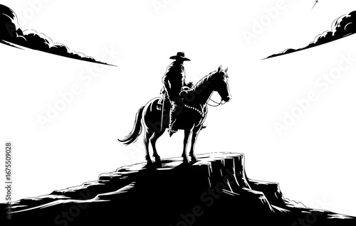 Cowboy Silhouette on Horseback Against Dramatic Landscape Sky