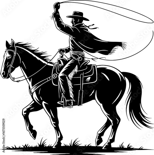 Cowboy Riding Horse with Lasso in Motion for Western Themes