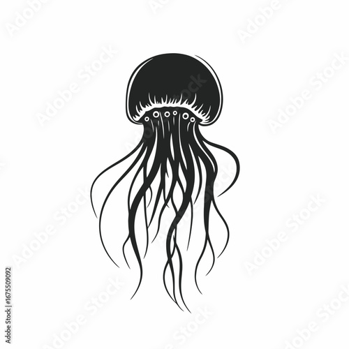 Elegant monochrome jellyfish with tentacles, artistic ocean creature vector silhouette