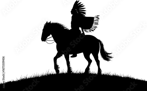 Silhouette of Native American Warrior on Horseback for Design