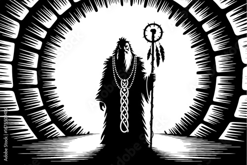 Mystical Elder Shaman with Staff in Enigmatic Circular Portal