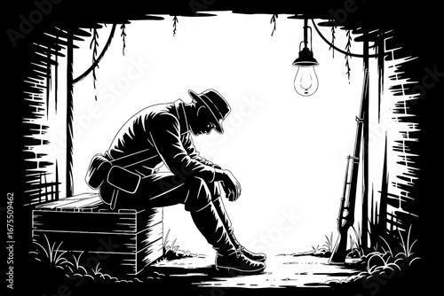 Melancholic Soldier Sitting in Shadows with Rifle and Lantern