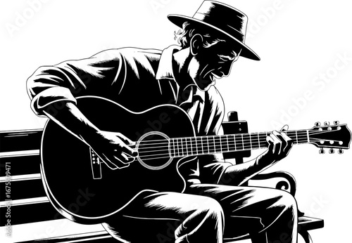 Melodic Guitar Playeric Silhouette on Bench Design