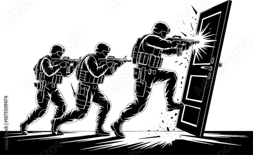 Dynamic SWAT Team Breaching Door Tactical Action Illustration