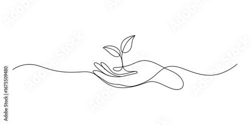 Continuous one line drawing of a hand holding a plant sprout vector illustration