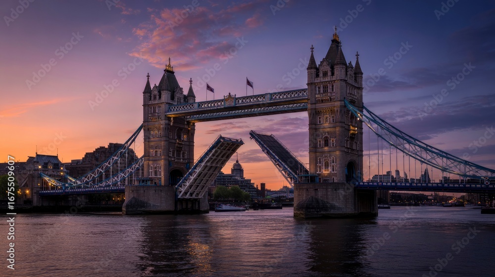 Fototapeta premium Tower Bridge at Sunset, London, England Iconic Landmark with Raised Bascule Bridge