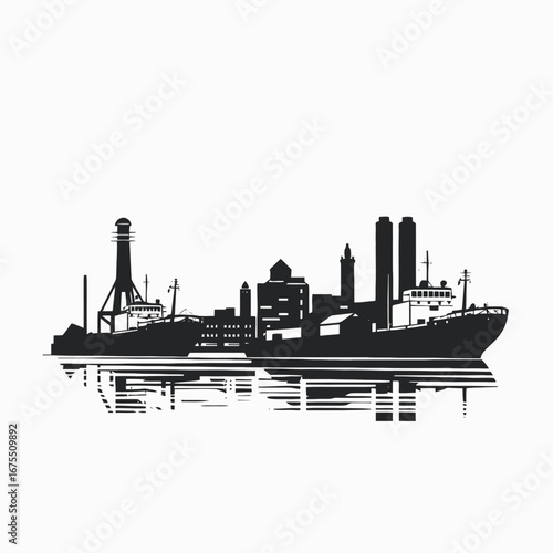 Striking harbor scene with cityscape and ships in water reflection silhouette
