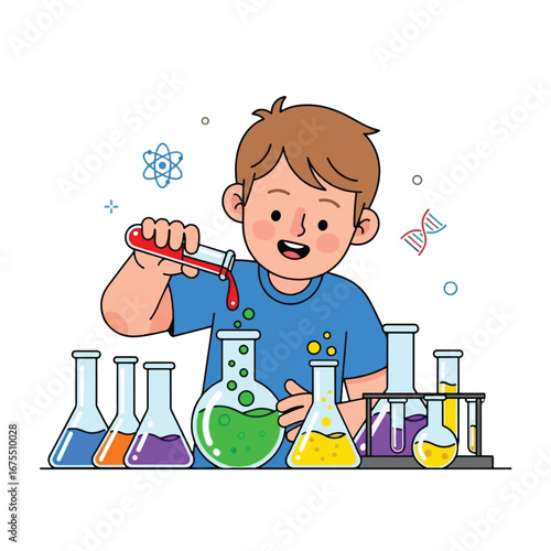 A young boy in a science lab is pouring a red liquid from a test tube into a flask, conducting an experiment.