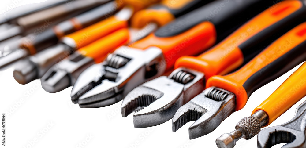 Fototapeta premium Close-up of Silver and Orange Adjustable Wrenches and Pliers on Black Background