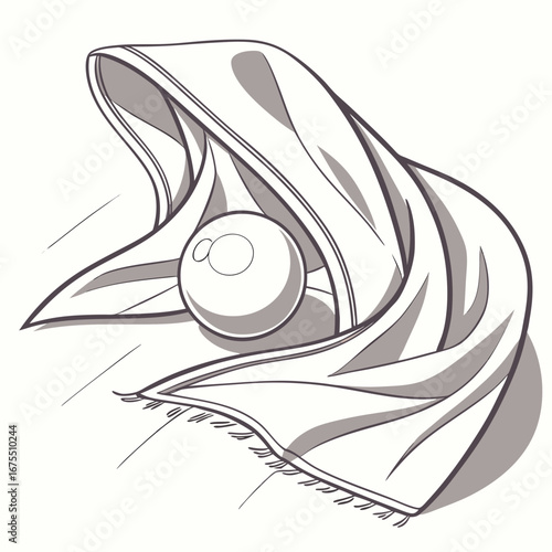 A single perfect pearl nestled within the folds of a draped cloth with a fringed edge