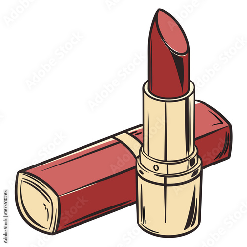 A stylish red lipstick with a gold case and its cap lying next to it isolated on a white background