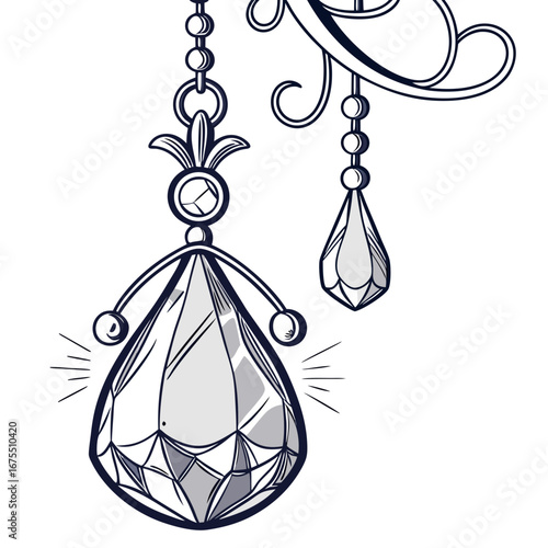 Elegant art nouveau style drawing of a hanging faceted crystal pendant with decorative chain and smaller gem