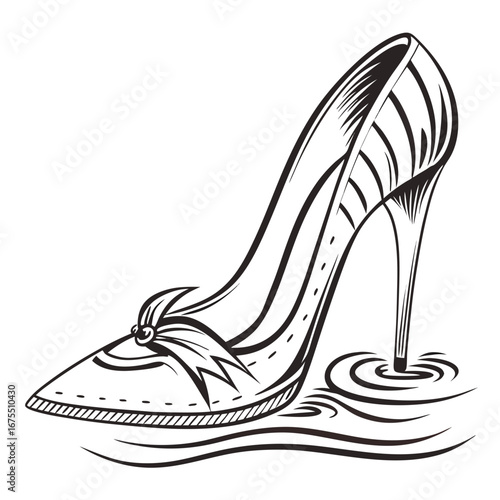 Elegant black and white illustration of a high heel shoe with a decorative bow touching the water