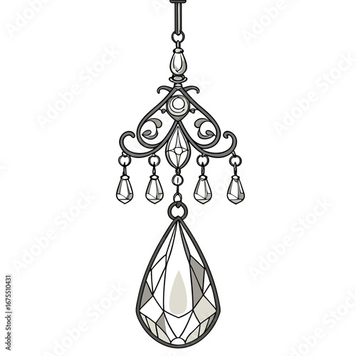 Elegant antique silver chandelier pendant with clear crystal drops and ornate decorative metalwork