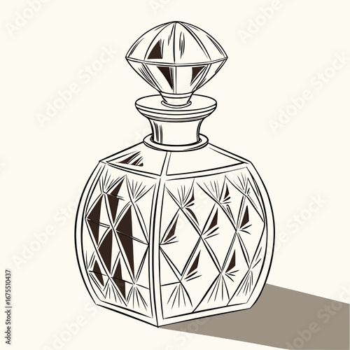 Elegant antique faceted crystal decanter with stopper on a light background with shadow