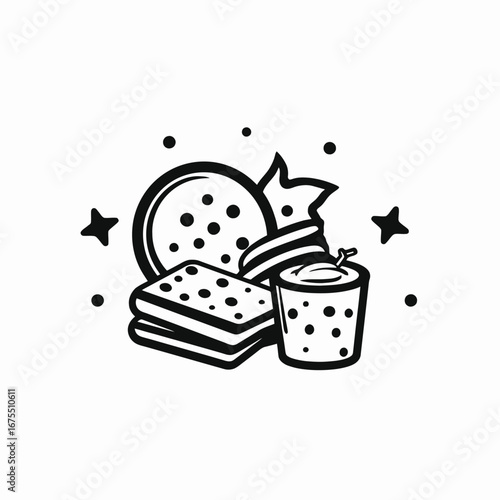 Delightful dessert composition with sweets, stars, and dots in black silhouette