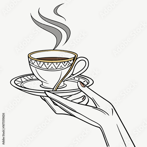 Elegant hand holding a steaming cup of coffee on a saucer with decorative gold trim