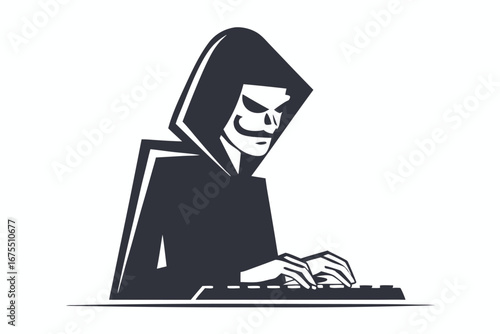 Masked Figure in Hood Typing on Keyboard on White Background