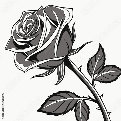 Elegant monochrome illustration of a single blooming rose with detailed petals and thorny stem