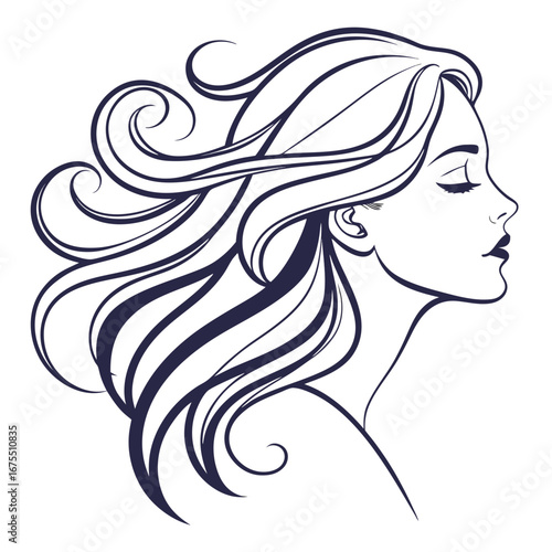 Elegant profile of a woman with flowing wavy hair in a minimalist line art style