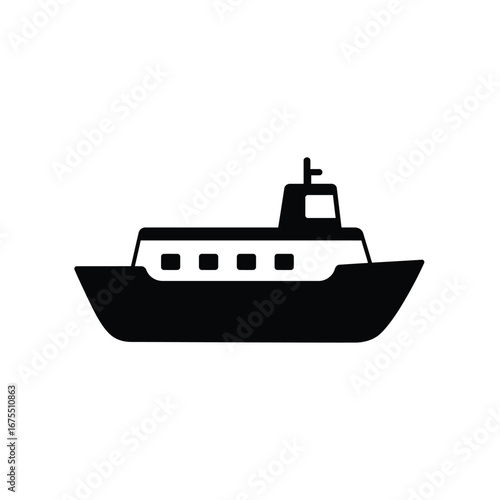 Simple black silhouette icon of a passenger ferry boat with windows on a white background