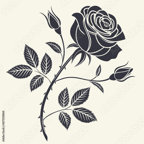 Elegant silhouette of a blooming rose with buds and leaves on a cream background
