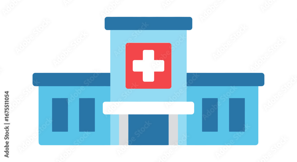 Obraz premium Bright and Clean Hospital Building Illustration with Prominent Red Cross Symbol for Healthcare and Medical Service Promotion