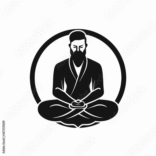 Peaceful bearded man meditating in lotus position a zen master silhouette
