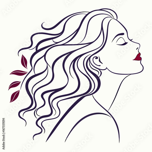 Elegant woman with flowing hair and red lips in profile stylized line art with decorative leaves