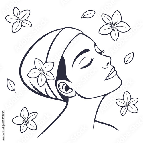 Elegant woman with closed eyes and flowers in her hair embodying beauty and serenity