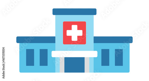 Bright and Clean Hospital Building Illustration with Prominent Red Cross Symbol for Healthcare and Medical Service Promotion