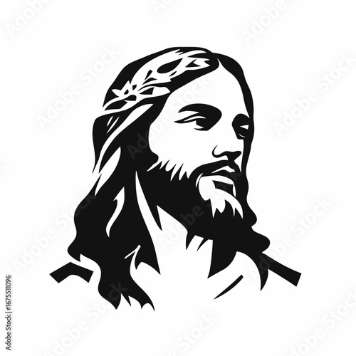Religious iconography depicting Jesus Christ with flowing hair, a captivating monochrome silhouette