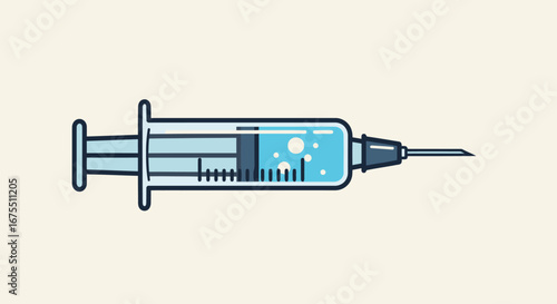 Medical Syringe Illustration with Blue Liquid for Healthcare Concepts and Vaccine Campaigns. Suitable for medical presentations, health awareness projects, and educational materials.