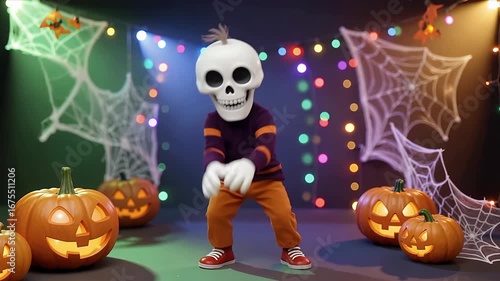 Spooky skeleton character dances joyfully amidst glowing jack-o'-lanterns and festive Halloween decor