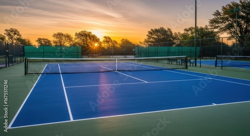 Wallpaper Mural Tennis court bathed in golden morning sunlight with a bright blue surface and green fencing Torontodigital.ca