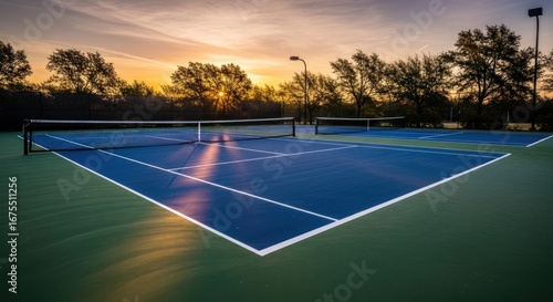 Scenic view of an empty outdoor tennis court with a blue surface illuminated by the golden glow of a beautiful sunrise