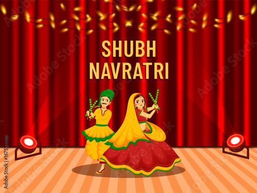Happy Navratri Indian Festival celebration Banner Poster or flyer design, Character design, Couple vector  illustration dancing with dandiya.