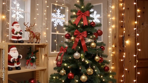 Warm Christmas scene with Santa, reindeer, and sparkling tree, cozy holiday atmosphere