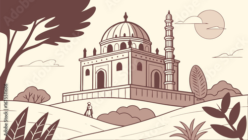 Serene Sepia Illustration: Mosque on Rolling Hills, Peaceful Atmosphere, Minimalist Line Art, Single Figure, Spiritual Journey.