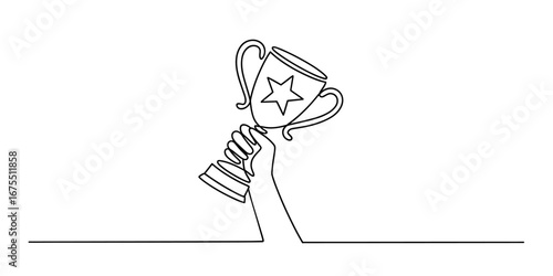 Continuous one line drawing of a hand holding a trophy vector illustration