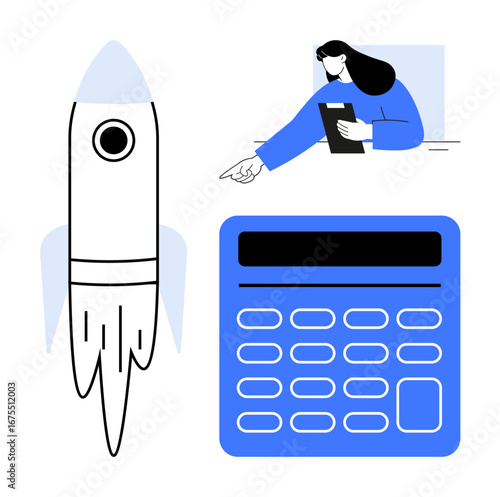 Rocket representing growth, woman using tablet for planning, calculator symbolizing budgeting. Ideal for entrepreneurship, innovation, business planning, financial management, startup themes