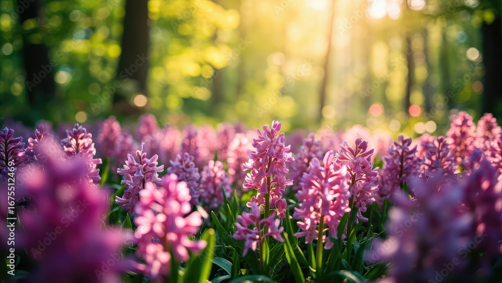 Obraz premium Field of blooming pink hyacinth flowers in sunlight with a blurred forest background and green foliage