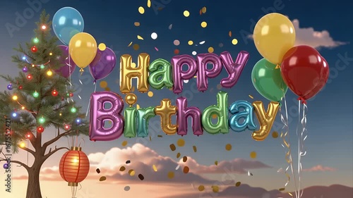 Dynamic birthday celebration with colorful balloons, confetti, and festive tree against a sky backdrop