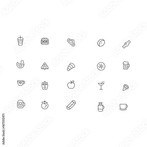 Vector Outline Icons of Popular Snacks & Beverages – Clean Monochrome Style.
