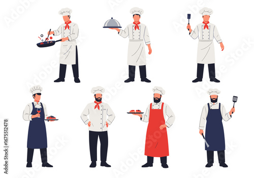 A collection of expert chefs demonstrating culinary skills and professional attire in various poses