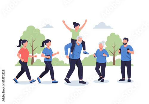 Active family and friends enjoying outdoor park activities together promoting healthy lifestyles and recreation