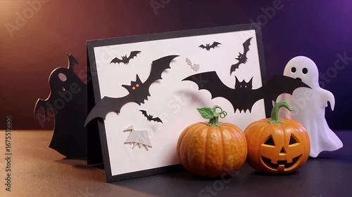 Spooky Halloween scene with pumpkins, ghosts, and bats creates festive holiday atmosphere and fun