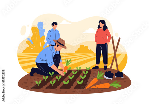 Farmers tending to rows of young plants in a sunlit field enjoying a productive agricultural harvest season