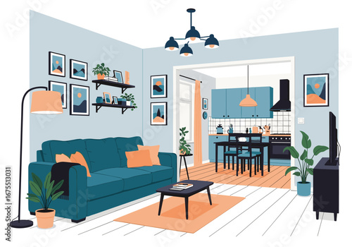 Stylish modern living room and kitchen combined interior design with blue sofa and orange accents